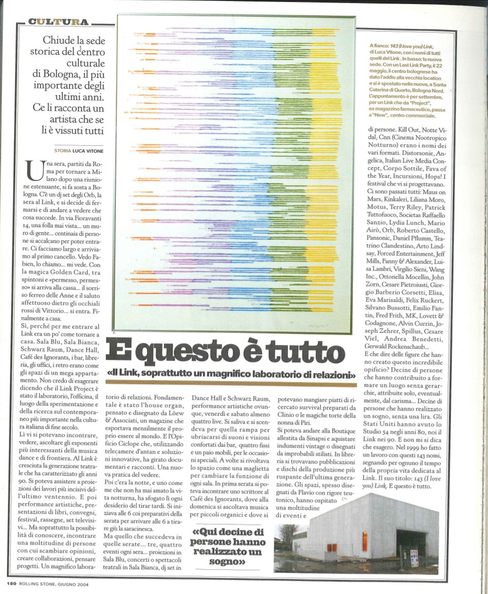 Rolling Stone Magazine, numero 8 - Giugno 2004, pag. 180 articolo di Luca Vitone