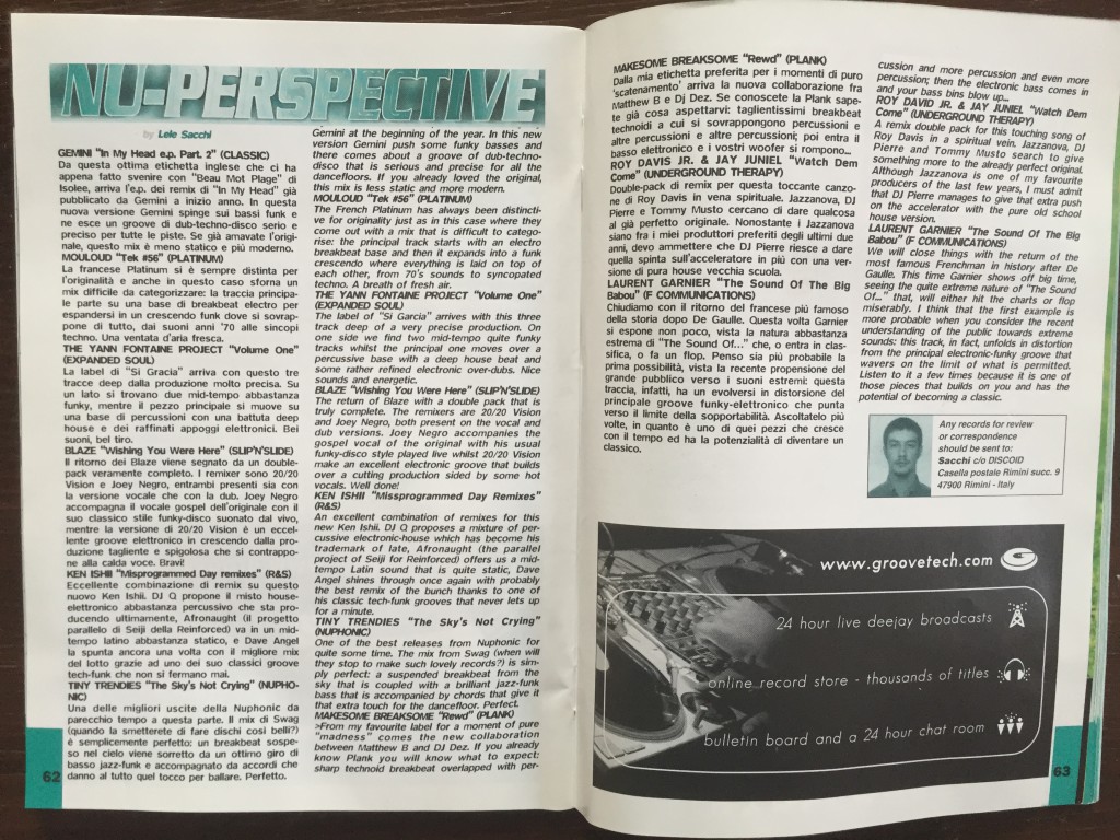 La rubrica Nu-Perspective di Lele Sacchi su numero del 1999 di Discoid, storico magazine musicale per dj e appassionati 